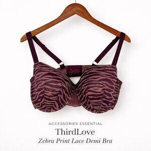 ThirdLove Zebra Print Lace Demi Bra 40F Burgundy Plum Underwire
